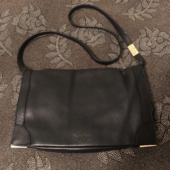 FOLEY AND CORRINA BLACK LEATHER CROSSBODY BAG, corner hardware, great shape - Picture 2 of 12